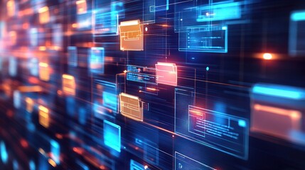 Abstract network grid with files and folders, futuristic software interface, digital document management system, store, search and organize documents, corporate business, paperless office