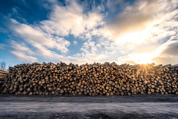 A pile of logs is stacked up against a road