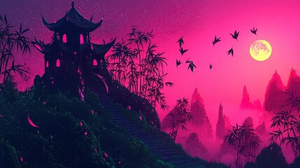 Fototapeta premium Mystical Asian Temple Silhouette Under a Pink Moon
