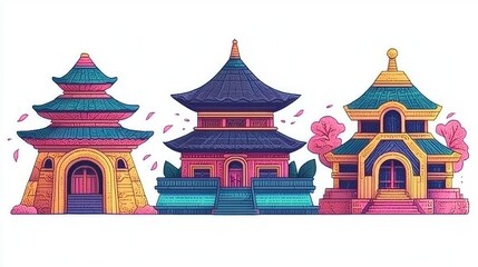 Three Asian Temples with Cherry Blossoms