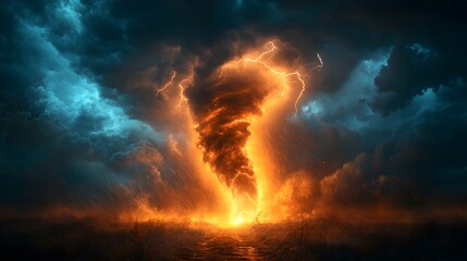 Tornado Forming with Striking Lightning in Turbulent Stormy Sky