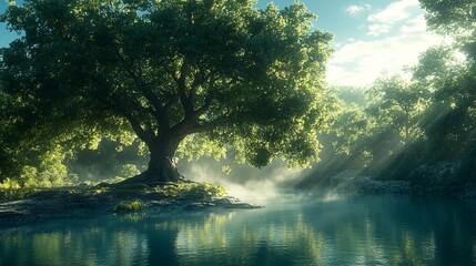 Obraz premium A solitary tree stands tall beside a tranquil stream, casting a serene shadow on the glistening water, bathed in the soft glow of the morning sun.