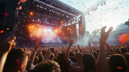An outdoor music festival with a stage and cheering crowd, capturing the energetic and festive atmosphere of summer events