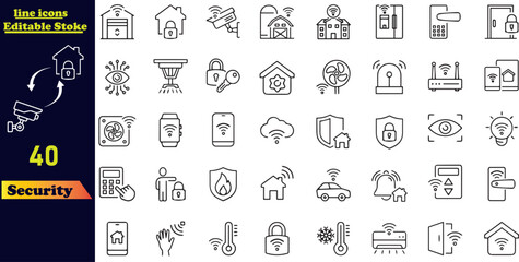 Home Security stroke icon set featuring alarm systems, surveillance cameras, locks, CCTV, intruders, keys, intrusion detection, guard dogs, and more. A collection of outline icons with editable stroke