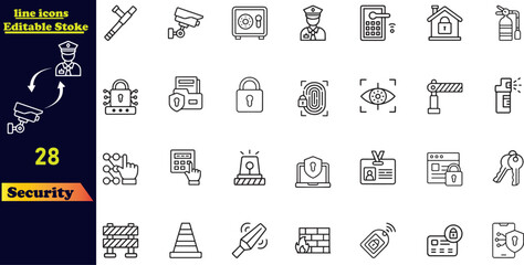 Home Security stroke icon set featuring alarm systems, surveillance cameras, locks, CCTV, intruders, keys, intrusion detection, guard dogs, and more. A collection of outline icons with editable stroke