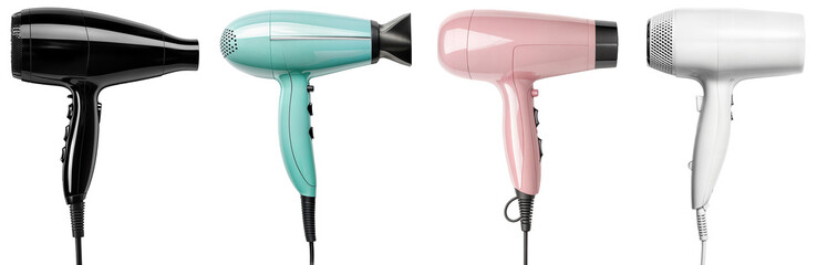 Set of Four Modern Hair Dryers in Black, Blue, Pink, and White Colors Isolated on Transparent Background – High-Quality Image for Beauty Products, Hair Care, and Electronics Marketing