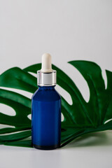 Blue glass cosmetic bottle, cosmetic product in tube, bottle, lotion or serum on white background and tropical monstera leaves. 