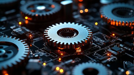Interlocking Gears on a Circuit Board, a Visual Metaphor for the Complex Interplay of Technology and Innovation