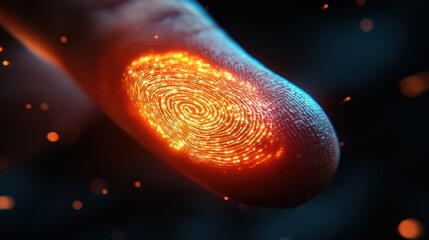 Close-up of a finger with a glowing digital fingerprint overlay, symbolizing biometric security and technology.