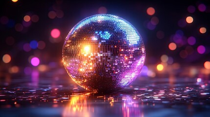 A mirrored disco ball sits on a reflective surface, casting colorful beams of light against a backdrop of bokeh.