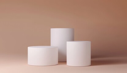 On a blank studio backdrop, a summer round podium with an abstract cosmetic display or an empty modern beauty stage platform with a 3D stand and a minimal light pedestal is presented against a white