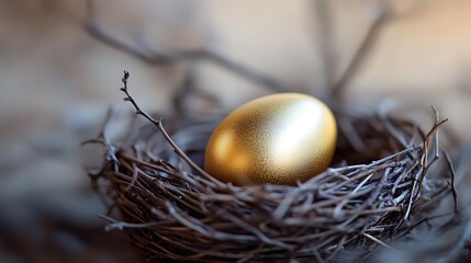 A single golden egg resting in a nest made of twigs, representing the concept of building a retirement fund. The backdrop is soft and neutral