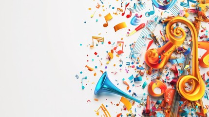 Colorful music notes and musical instruments background design isolated on a white background, banner with space for creative designs, musical theme party poster or flyer template Generative AI