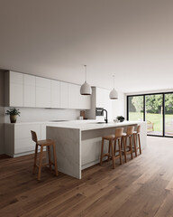 A beautiful modern kitchen interior featuring abundant natural light and a spacious, open layout