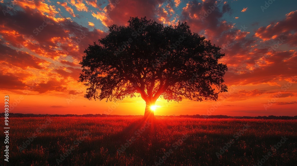 Sticker Silhouette of a lone tree against a fiery sunset sky.