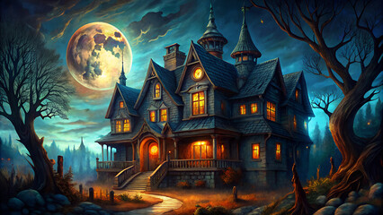 A haunted Halloween house in the forest on winter nights.