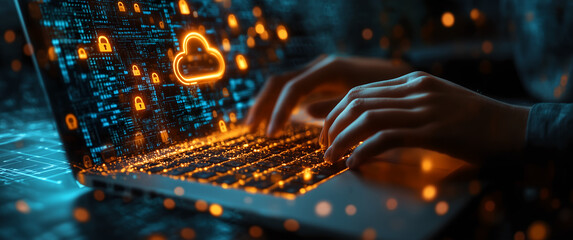 Cybersecurity Concept with Hands Typing on a Laptop Keyboard Surrounded by Digital Data and Security Icons, Representing Information Security, Online Protection, and Data Encryption