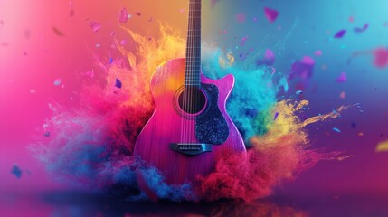Creative music with colorful giutar. Music vibes concept for concerts and festivals
