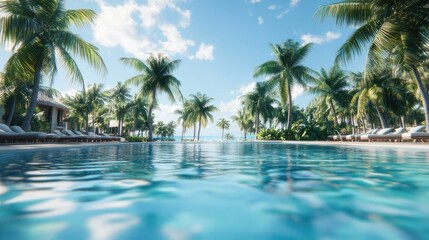 Fototapeta premium Crystal-clear pool, lush palm trees, and a luxurious hotel create a tropical paradise for sun-soaked relaxation and unforgettable vacations