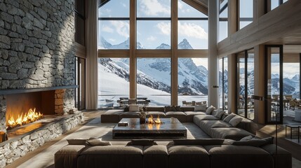 A modern ski lodge living room with a massive stone fireplace, deep plush sofas, and large windows that show snow-covered mountains