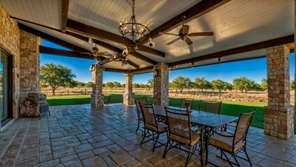 Obraz premium A wide Texas-style ranch patio with stone columns and fans offers cool outdoor seating. Large stone tiles cover the ground, surrounded by views of the serene countryside and a clear blue sky.