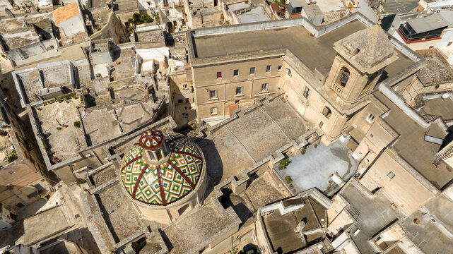 Aerial view of the San Francesco da Geronimo sanctuary located in the historic center of Grottaglie. It is a church of the city in the province of Taranto, in Puglia, Italy.