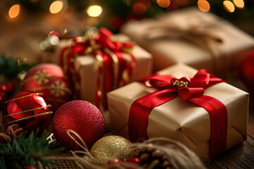 Christmas greeting card with bright winter holiday composition and New Year background