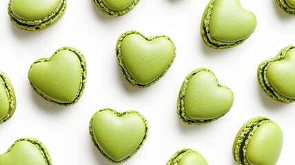 French sweet Matcha or green tea heart macaroons,Pastry shop,french macaroons,Paris Pastry,bakery and branding valentine couple concept,cake macaron,pistachio,luxury confectionery brand,copy space.