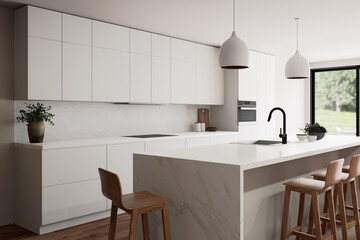 A beautiful modern kitchen interior featuring abundant natural light and a spacious, open layout