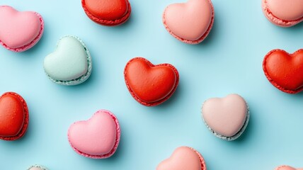 French sweet Strawberry Pink,red heart macaroons isolated on pink background. Pastry shop card with copy spacefrench macaroons,Paris Pastry,bakery and branding valentine couple concept,copy space.