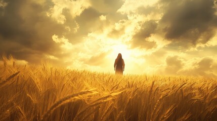  Jesus standing in a golden wheat field during autumn, serene and peaceful atmosphere
