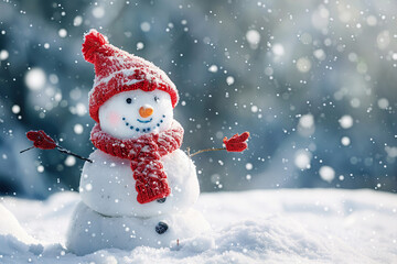 Christmas greeting card with bright winter holiday snowman and New Year background