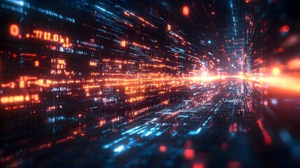 Fototapeta premium Digital Matrix Collapsing Abstract Virtual Scene with Numerical Symbols Reorganizing