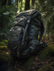 A rugged backpack resting on moss in a dense forest.