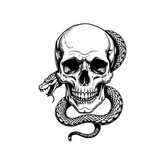 Fototapeta premium Intricate Blackwork Skull and Coiled Snake Tattoo Illustration