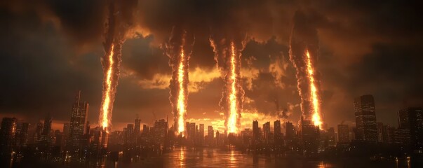 Naklejka premium A dramatic skyline engulfed in flames, with multiple fiery columns rising into a dark sky, suggesting chaos and destruction in an urban landscape.
