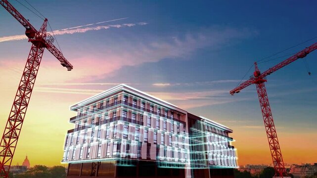 Visualization of a building business center on a construction site. Augmented reality at the construction site.