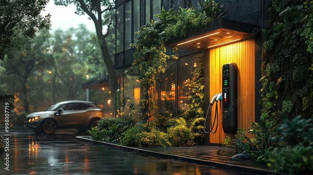 Sticker An electric car is plugged into a charging station outside a modern building in a lush, green setting.