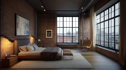 Fototapeta premium A sleek urban loft bedroom, featuring exposed brick, industrial lighting, and modern furniture, blending raw and refined elements