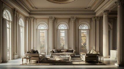 Obraz premium A neoclassical living room with symmetrical furniture arrangements, heavy columns, and detailed plaster moldings