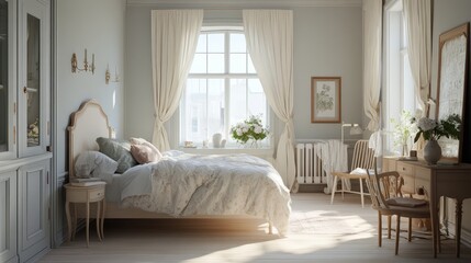 A Swedish Gustavian-style bedroom, with soft pastels, light wood furniture, and elegant decor, embodying simplicity and sophistication
