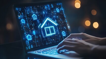 Person using a laptop with a digital mortgage application or real estate interface displaying house icon, representing the modern process of securing home loans or exploring real estate options onlin