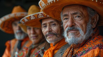 Hispanic Heritage Month . a group of mexican men and women posing for the camera, wearing traditional in orange color with black background, all looking at front camera, warm colors, photorealistic