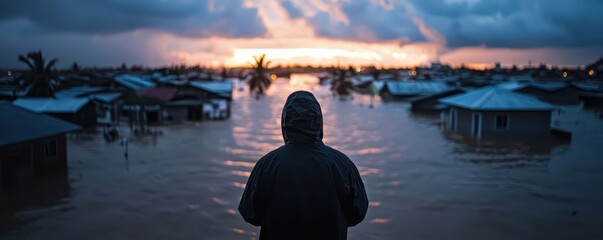 Fototapeta premium A person stands silhouetted against a dramatic sunset, overlooking a flooded landscape with submerged homes and rising water levels.