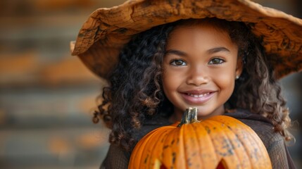 Halloween, the spookiest day of the year. Cute smiling African American girl in witch costume holding a Halloween pumpkin over an isolated yellow background with copy space,