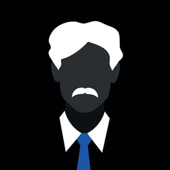 Abstract faceless man with mustache silhouette in a tie. Dark male silhouette avatar emblem. Vector illustration