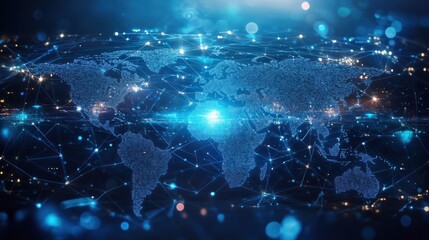 Reflection Abstract digital world map, concept of global network and connectivity on Earth, data transfer and cyber technology, information exchange and international telecommunication, Ai