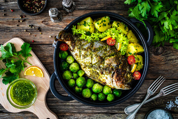 Roasted sea bream, boiled potatoes and brussels sprouts served in black dish on wooden table 