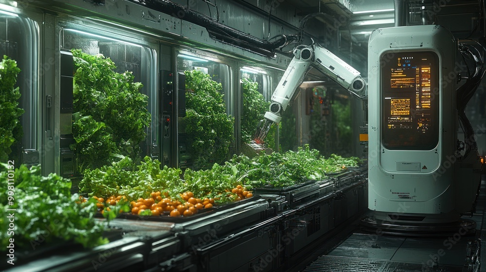 Canvas Prints A robotic arm harvests vegetables in a futuristic hydroponic farm.