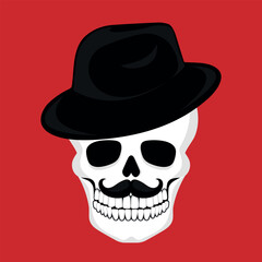 Human skull with mustache in a hat. Gangster skull icon emblem logo. Vector illustration